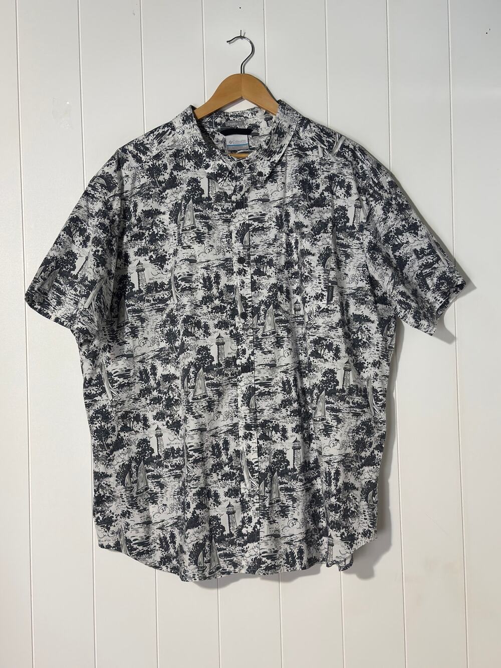 Columbia PFG Fishing Shirt White Black Scenic Print Short Sleeve Men's XXL